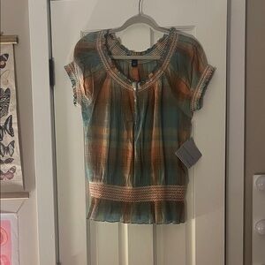 Stylish Women's Plaid Blouse in Green and Orange